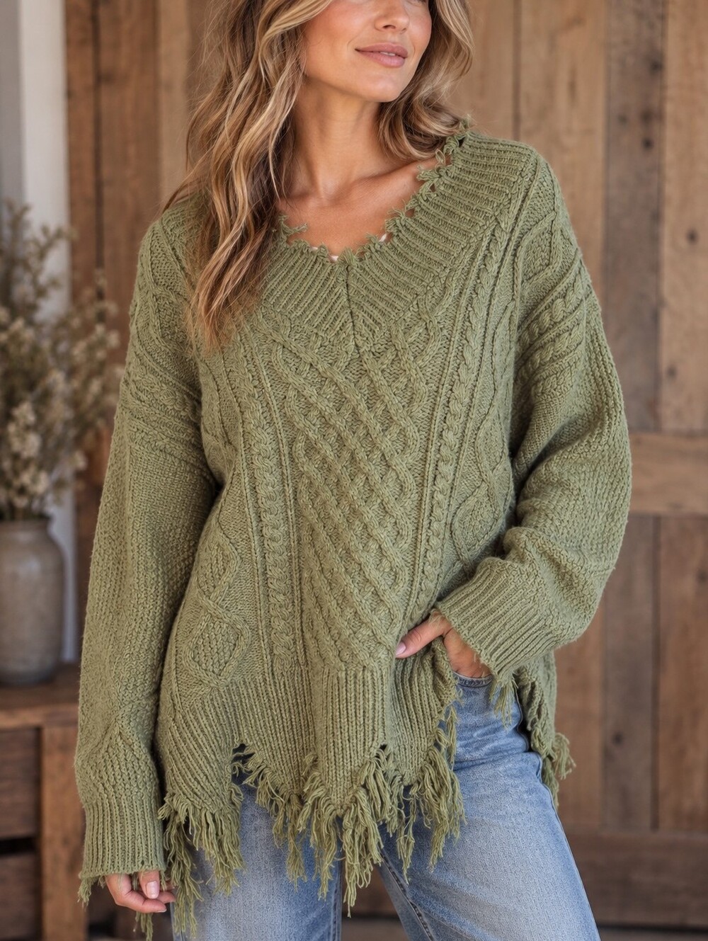 HYFVE Olive Green Distressed Cable Knit Sweater Size L Boho Grunge Oversized